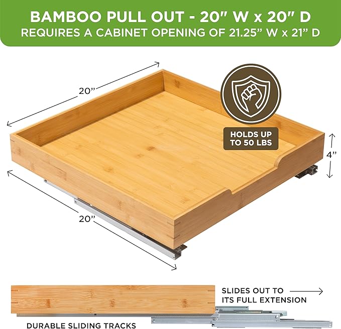 HOLDN’ STORAGE Bamboo Wooden Pull out Cabinet Organizer 20"W x 21"D Requires At Least a 21.25"W x 21"D Cabinet Opening W/Lifetime Limited Warranty, Bamboo Tray and Heavy Gauge Metal Rails