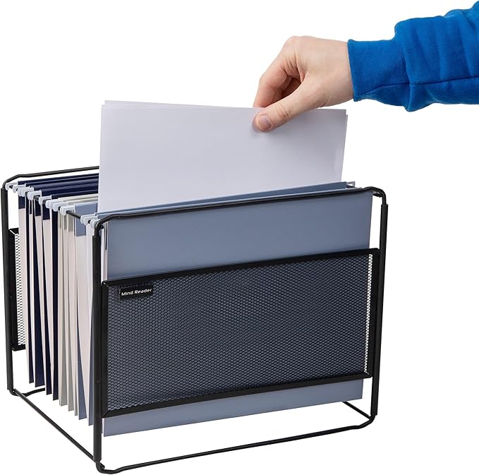Mind Reader Hanging File Folder Organizer, Desktop Organizer, Storage, Office, Metal Mesh, 13" L x 9.75" W x 10.25" H, Black