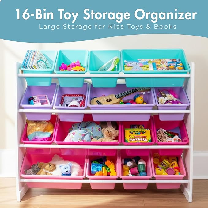 Humble Crew Supersized Toy Storage Organizer with 16 Removable Bins, White/Blue/Pink/Purple – Large Toy Storage for Toddlers Ideal for Kids' Rooms, Playrooms, and Nurseries - Modern Toy Bins for Kids