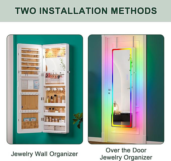 Lvifur LED Mirror Jewelry Cabinet - with RGB lights,Lockable Wall/Door Mounted Full Length Mirror with Storage,Hanging Jewelry Organizer-2 Drawers,Foldable Shelf,Built-in Lighted Mirror(White)