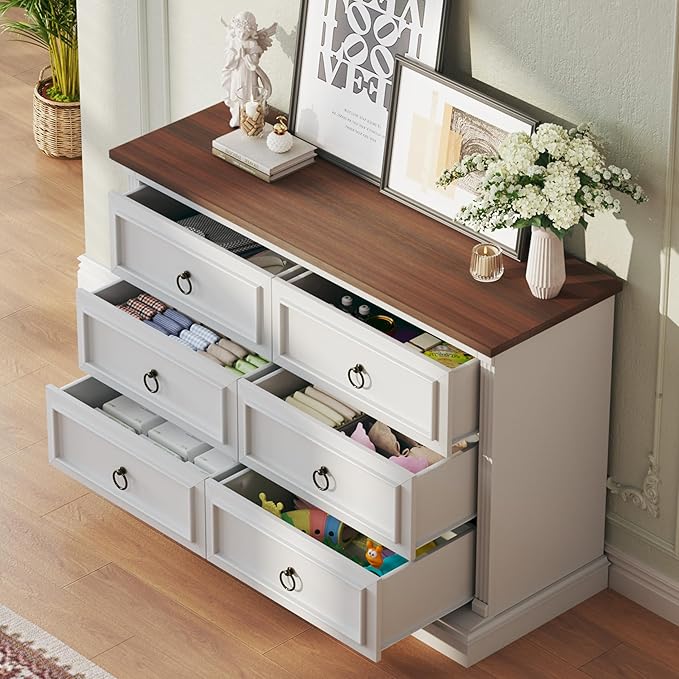 HUAHUU Farmhouse 6 Drawer Dresser for Bedroom, 47" Wide Chest of Drawers with Roman Column, White Wood Dresser with Antique Bronze Circle Handles, Storage Organizer for Living Room, Hallway, Entryway