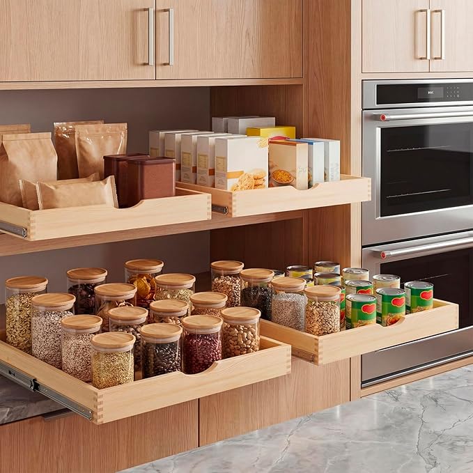 Sintuff 4 Pack Wooden Pull out Tray Cabinet Organizer Gentle Close Roll out Shelves for Kitchen Cabinets Fully Assembled Slide Pantry Shelves (24'' X 21'')