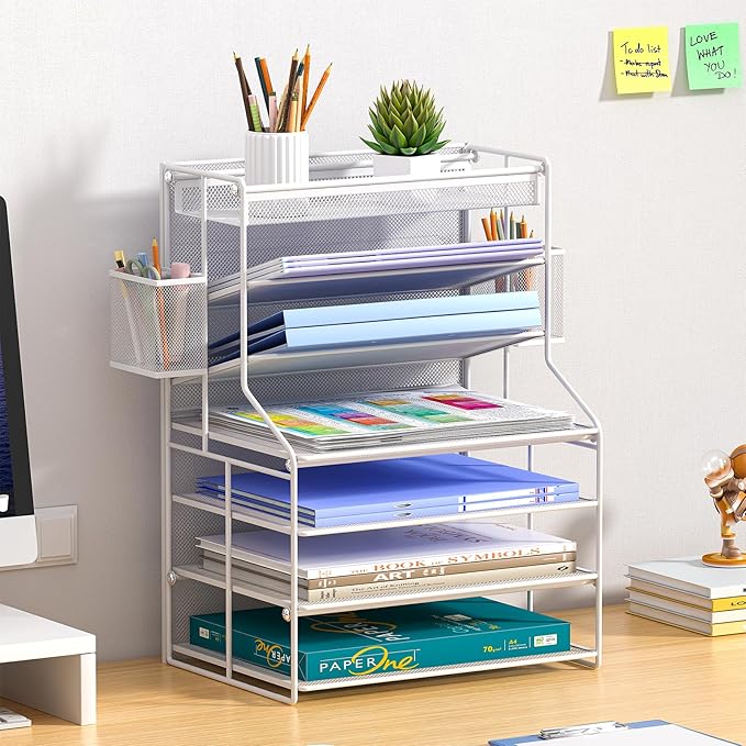 7 Tier Desk File Organizer – Vertical File Organizer for Desk with Removable Pen Holder & Adjustable Drawer – Metal Document Organizer for Office, Simple Trending Design – White