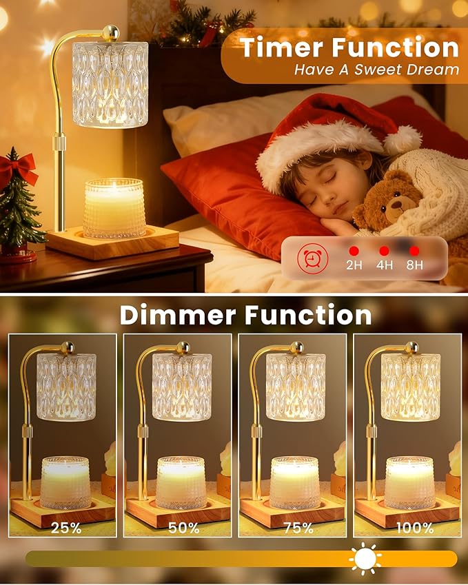 Candle Warmer Lamp Adjustable Height with Timer Dimmer, Dimmable Glass Wax Melt Warmer Light for Scented Jar, Present for Women Candle Lovers Christmas House Warming Home Decor Brithday, Crystal