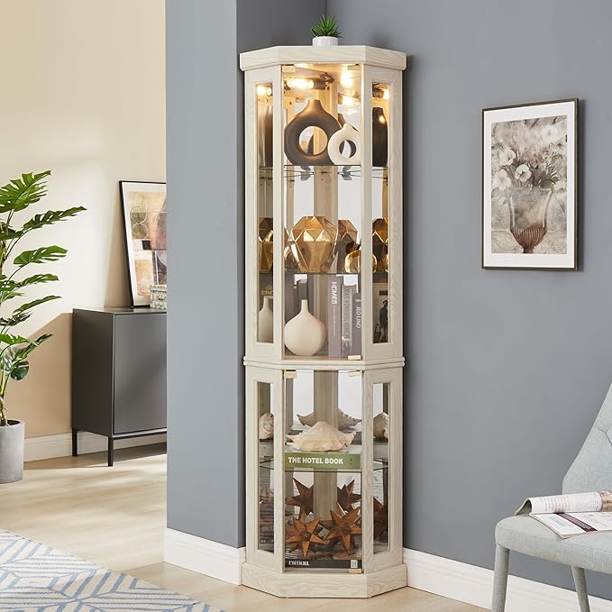69" H Lighted Curio Cabinet Corner Display Case,Corner Glass Cabinet with Tempered Glass Door and Adjustable Shelves,Wooden Curio Case with Mirrored Back Pane (Style 2 - Antique White)