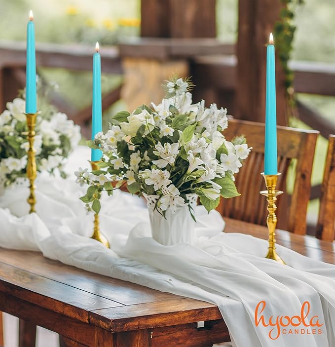 Hyoola Tall Taper Candles - 14 Inch Turquoise Dripless, Unscented Dinner Candle, Paraffin Wax with Cotton Wicks - 12 Hour Burn Time (Pack of 12) - Light Blue