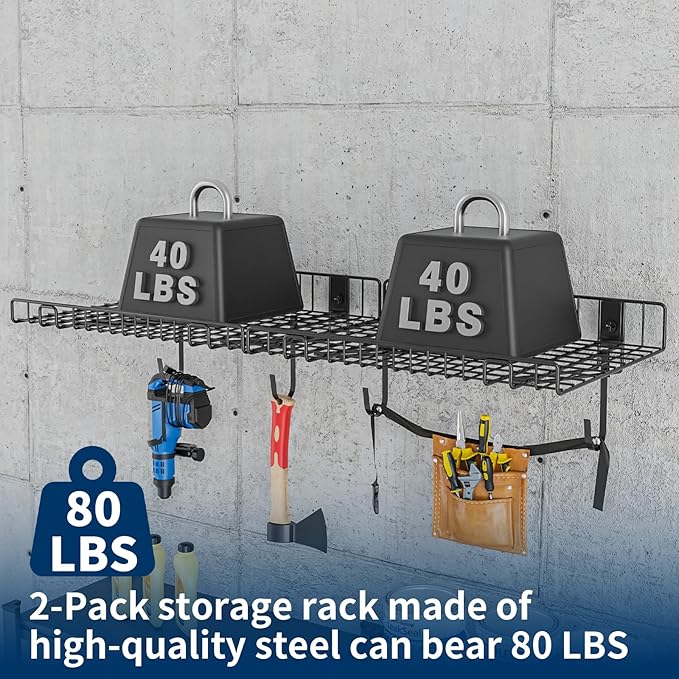 2 Pack Garage Wall Shelf, Wall Mounted Storage Shelves, Heavy Duty Metal Shelves for Room Wall, Loads 80 LBS Floating Shelves Mesh Storage Rack for Garage, Office, Basement,Wall Cabinet and Kitchen