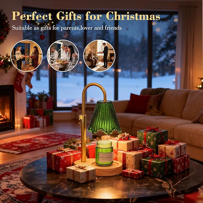 Candle Warmer Lamp with Adjustable Height - Flameless 4-Level Dimmable Wax Warmer with Colorful Glass Shade & Wooden Base, Timer Function & Stylish Design in Multiple Colors (Green 2)