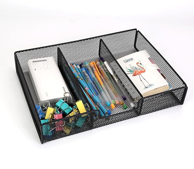 Desk Drawer Organizer Tray, Office Junk Drawer Organizer with 3 Compartments, Metal Mesh Dividers Pen Pencil Storage Box for Office Supplies Desk Accessories Workspace School Cosmetic Organization