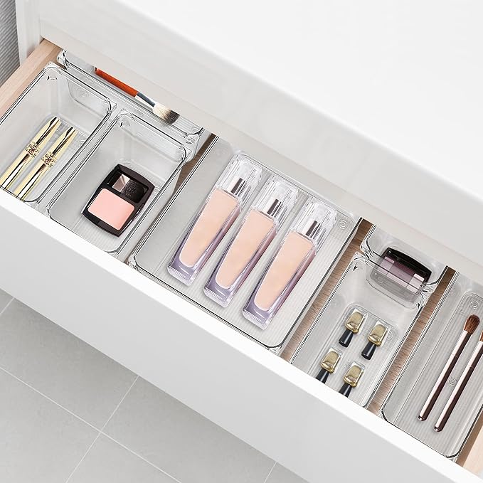 12 Pack Drawer Organizer - 3" X 3" Clear Acrylic Storage Bins with Non-Slip Pads, Versatile Desk Tray for Makeup, Jewelry, Kitchen, Bathroom, and Office Organization