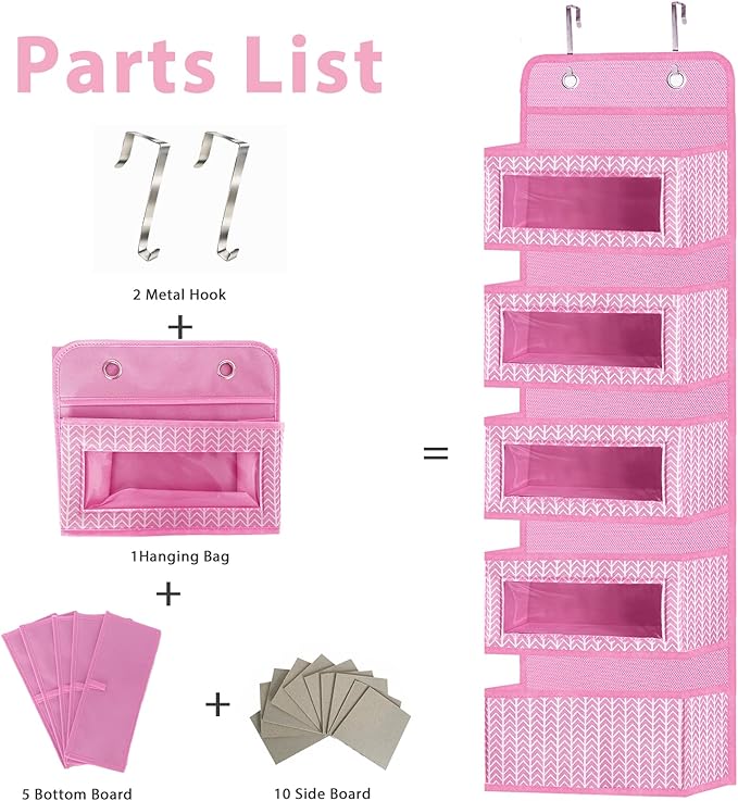VERONLY Over The Door Hanging Organizer with 5 Large Pockets - Wall Mount Pantry Storage with 2 Big Metal Hooks for Baby Girl’s Diapers Closet, Bathroom, Nursery, Bedroom, Dorm, Baby, Kids Toys (Pink)