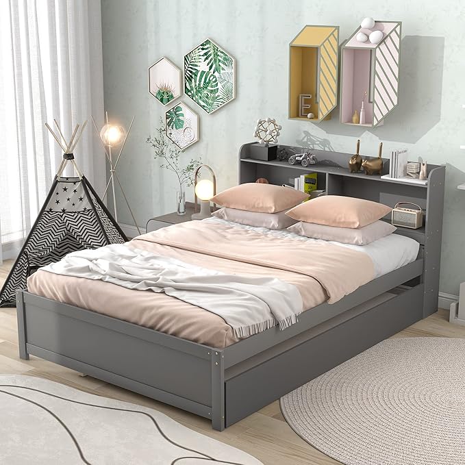Harper & Bright Designs Full Size Bed Frame with Trundle, Full Size Platform Bed with Twin Trundle Under, Grey