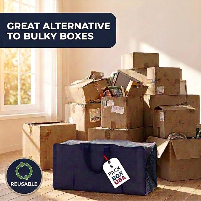 BOX USA 8-Pack Moving Bags with Strong Handles & Zippers - Heavy Duty Extra Large Packing Bags for Storage, Moving Boxes, Dorm & College Supplies, Blue