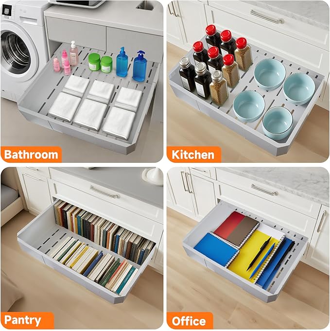 Pull out Cabinet Organizer 2 Pack,Adjustable Width (14"-19") and Depth (17"-24"),No Drill Slide out Drawers for Kitchen,Pantry,Adhesive Roll out Shelves,for Cabinets Without Lip,White