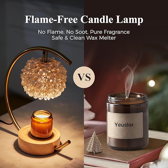 Yeuslor Gold Candle Warmer Lamp for Jar Candles with Adjustable Brightness＆Timer，Handcrafted Crystal＆Wooden Base, Luxurious Design,Home Decoration Electric Candle lamp(C-Shaped)