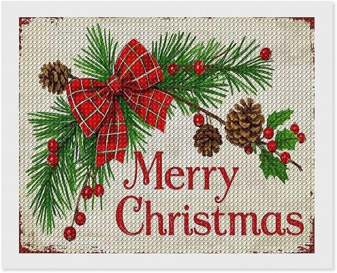 AIVKIEJK Diamond Painting Kits for Adults - Merry Christmas Holly, Pine Cones & Red Plaid Bow Painting DIY 5D Full Drill Diamond Dots Paintings with Diamonds Gem Art and Crafts Home Decor 16"x20"