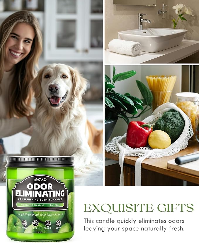 AOOVOO Green Apple Odor Eliminating Highly Fragranced Candle - Eliminates 95% of Pet, Smoke, Food, and Other Smells Quickly, Non Toxic Air Freshing Soy Candle, 9 oz Up to 50 Hours Burn time