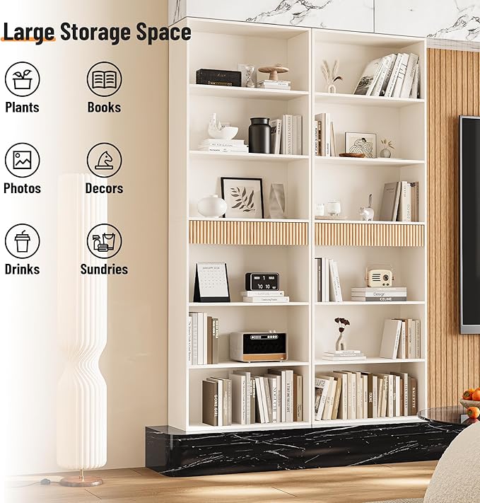 INNOD 72" Tall Bookshelf with Storage, 7-Tier Bookcase Fluted with Drawer, Display Book Shelf Book Organizer with Anti-tip Device, Home Decor Wood Furniture for Bedroom, Living Room and Office, White