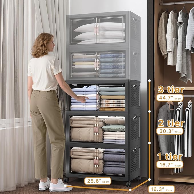 Extra Large Stackable Storage Bins with Lids & Wheels, Foldable Collapsible Closet Organizers Dark Storage Cabinet with Doors for Bedroom Dorm