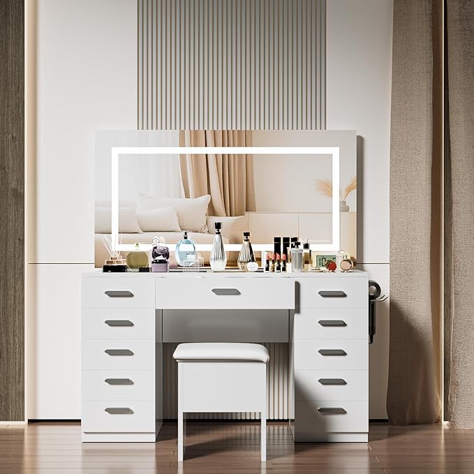 Vanity Desk with Mirror and Lights, 50" Makeup Vanity with Glass Top & Power Outlet, White Vanity with 11 Drawers & 8 Hidden Storage Shelves, 3 LED Lighting Modes Adjustable for Bedroom (WHITE)