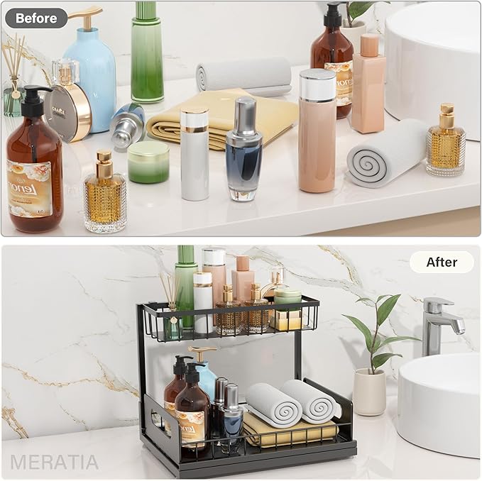 Under Sink Organizer 2 Tier, Pull Out Drawer Slides Under Sink Storage for Bathroom Kitchen,Multi-Purpose Drawer Under Cabinet Organizer for Cleaning Supplies (Black, 1 Pack)