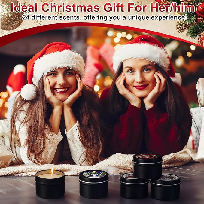 Nuanchu 24 Pack Christmas Scented Candles Gift Set Cartoon Candle for Her Him 2oz Natural Soy Wax Jar Long Lasting Aromatherapy Bulk Favors Set for Christmas Party Home Decor
