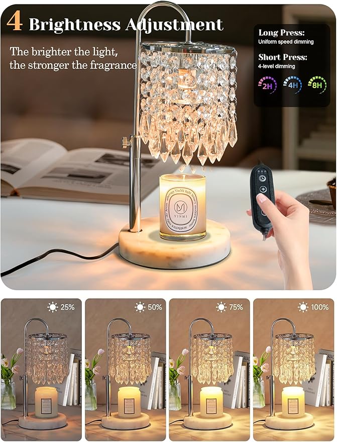 Candle Warmer Lamp with Timer Dimmable, Birthday Gifts for Women, Wax Melt Warmer for House Warming Gifts New Home Decor, Adjustable Height Crystal Candle Lamp for Jar Candles with 3 Bulbs, Silver