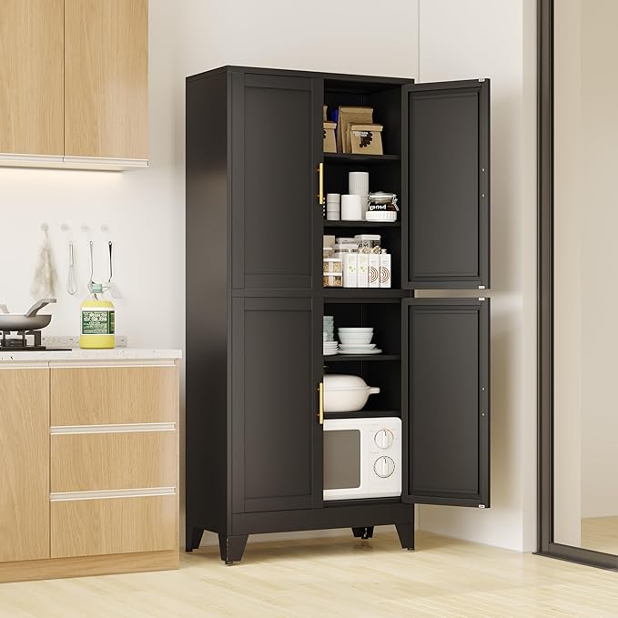 75" H Tall Kitchen Pantry Cabinet, Pantry Storage with Doors and 3 Adjustable Shelves, Metal Storage, Cupboard for Kitchen, Black