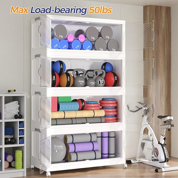 75GAL Plastic Storage Bins with Lid, 300QT Extra Large Stackable Closet Organizers and Storage, Collapsible Storage Boxes with Wheels, Folding Cabinet for Home Kitchen Office, 5Pack White