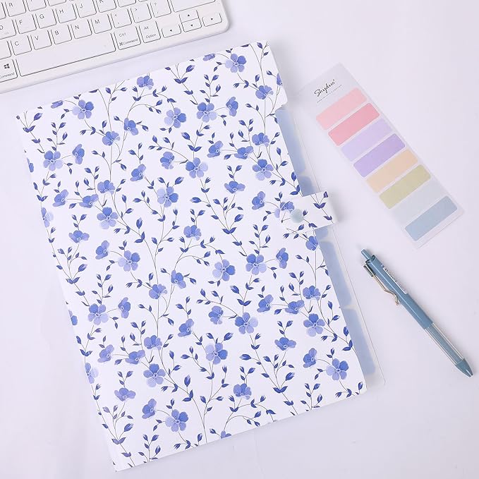 SKYDUE Expanding File Folder with 5 Pockets, Floral Accordion File Organizer for Important Document, Portable Receipt Paper Organizer, School Office Supplies,Blue