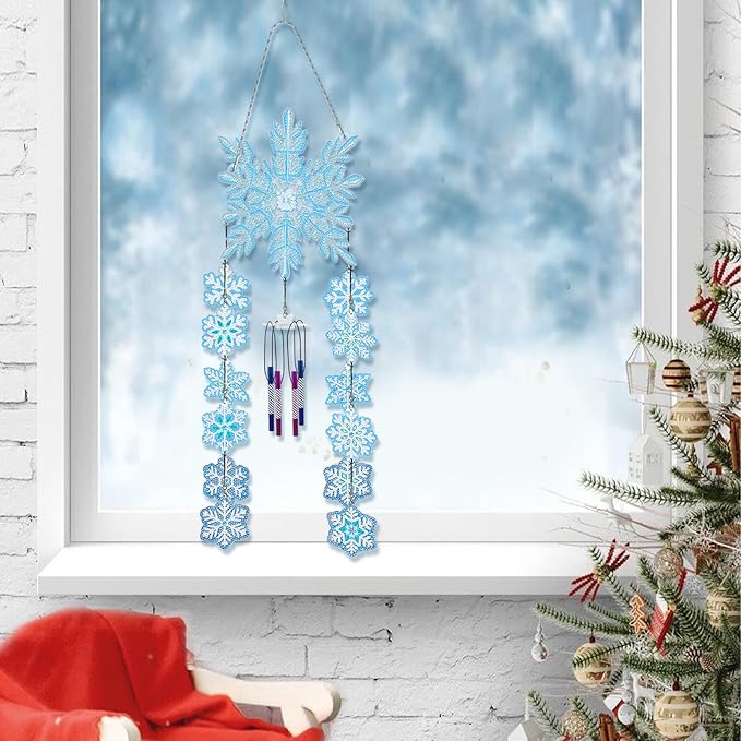 Christmas Snowflakes Diamond Art Painting Wind Chimes Hanging Pendant DIY Kits 5D Diamond Art Wind Chime Christmas Hanging Ornaments Double Sided Special Beads Paint by Number Patio Tree Window Decor