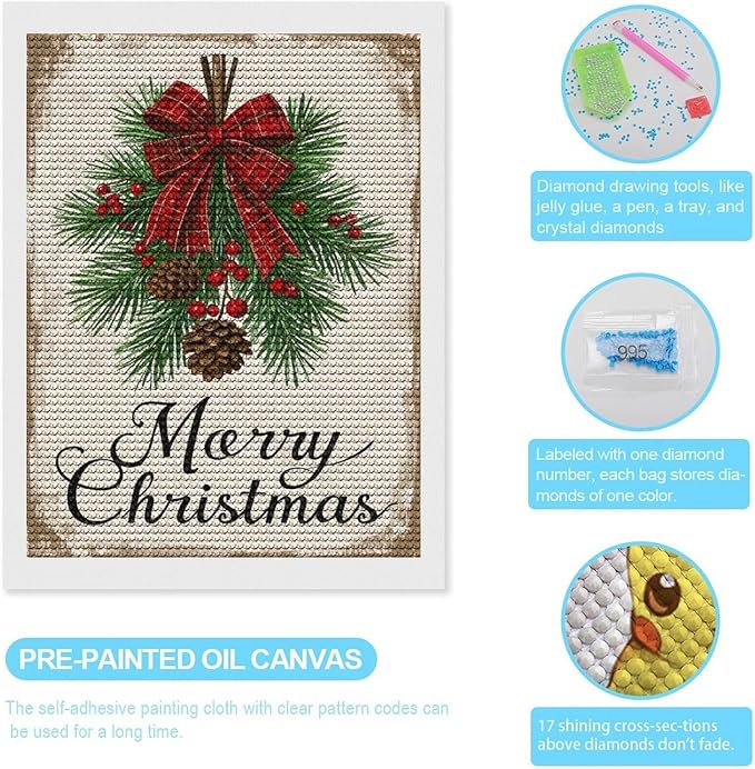 AIVKIEJK Diamond Painting Kits for Adults - Merry Christmas Holly, Pine Cones & Red Plaid Bow Painting DIY 5D Full Drill Diamond Dots Paintings with Diamonds Gem Art and Crafts Home Decor 12"x16"