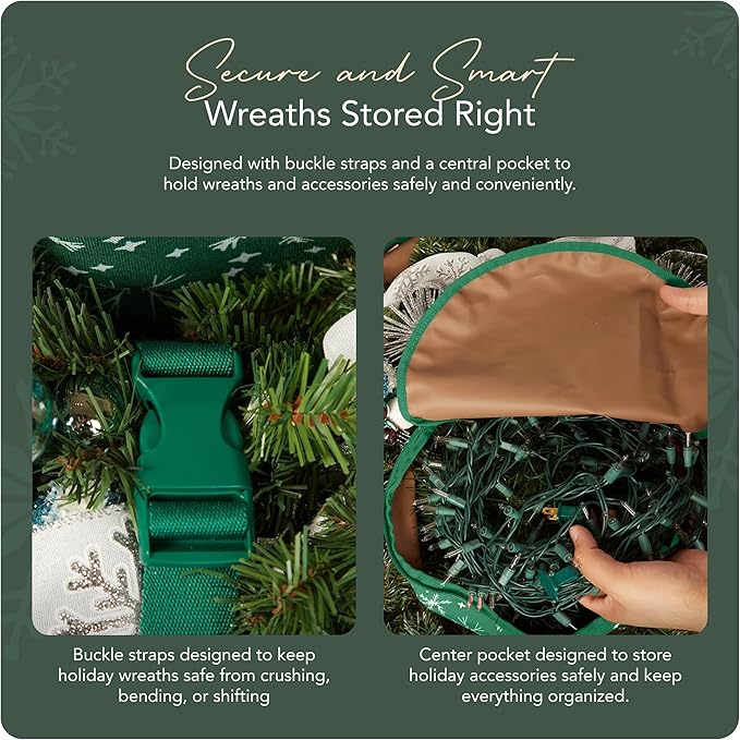 Covermates Keepsakes Wreath Storage Bag – Heavy-Duty Polyester with Buckle Straps & Interior Pouch – Protective Holiday Wreath Organizer with Handles, D-Ring & Label Window, Red Snowflake