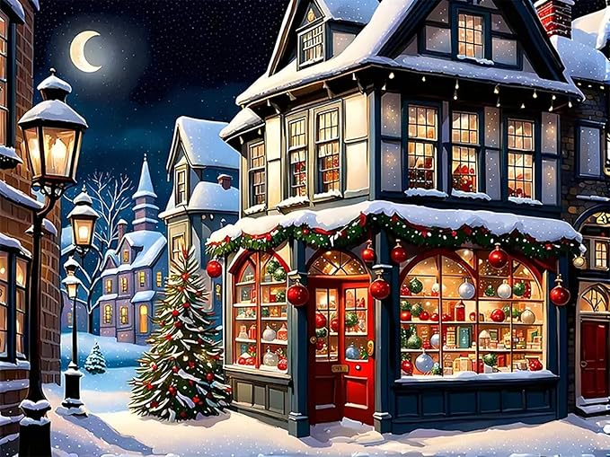 CZYWJMEI Christmas 5D Diamond Painting Kits for Adults Beginners,DIY Winter House Shop Diamond Art Kits,Full Round Drill Diamond Dot Gem Art Kits,Home Wall Decor 16x12nch