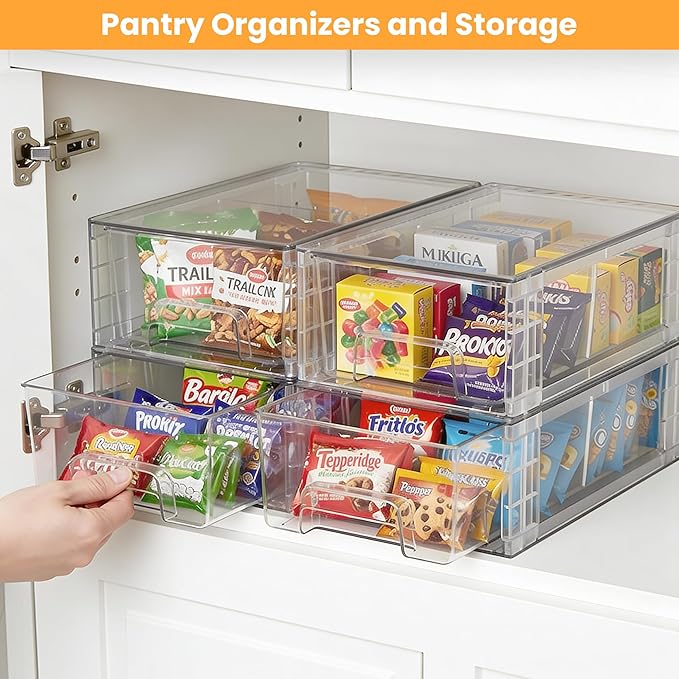 4 Pack Stackable Storage Drawers, Bathroom & Undersink Organizer with Removable Dividers - Acrylic Drawer Organizers with Handles for Fridge, Kitchen Cabinet, Pantry Storage