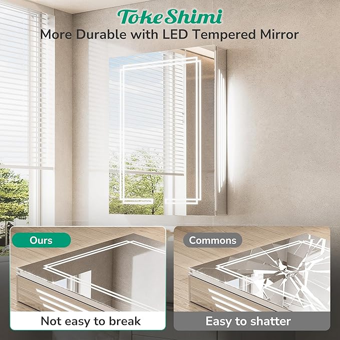 TokeShimi 40x32 Inch LED Medicine Cabinet with Lighted Mirror, 3 Color Stepless Dimming Bathroom Cabinet with Defogger Tempered, CRI 80+, Anti-Fog, Memory Funtion, Wall Lit Mirror with Storage