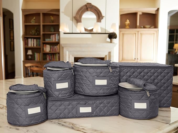 Covermates Keepsakes Dish Storage Set – Padded China & Dinnerware Storage Cases with Dividers, Cup & Stemware Storage, Quilted Polyester Protection, ID Window, Slate