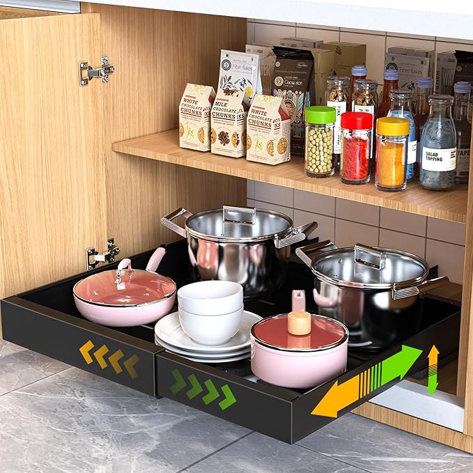 Pull Out Cabinet Organizer 21" Deep Expandable Slide Out Drawer Organizers,No Drill Roll Out Drawers Adhesive with Nano Compatible Framed Cabinets Shelves for Kitchen Pantry Adjustable Width