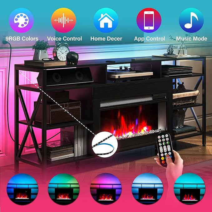 TC-HOMENY 60" TV Stand with 27.5" Electric Fireplace, TV Console with Power Strip for TVs Up to 70", Entertainment Center Storage Cabinet and LED Strip Lights with Remote Control Living Room Black