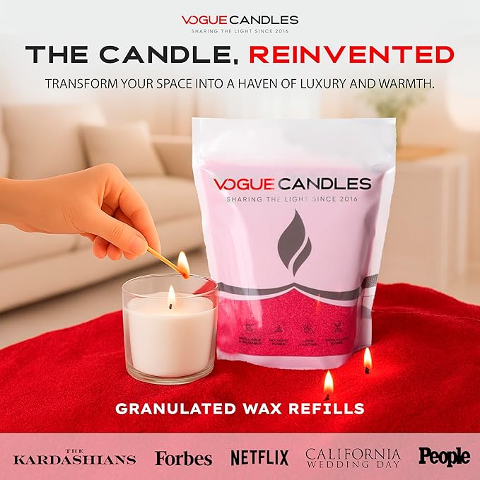 Vogue Candles Granulated Red Wax Refill – 1LB Pearled Candle Sand Wax – Mother’s Day Candle Kit with 15 Cotton Wicks for DIY Home Lighting – Plant-Based & Reusable for Clean Burning & Custom Vessels
