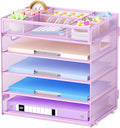 Marbrasse 5-Tier Letter Tray Paper Organizer with Handle, Multi-Functional Mesh File Organizer for Desk, Adjustable Compartments Mesh Desktop Storage for Office Supplies, Purple
