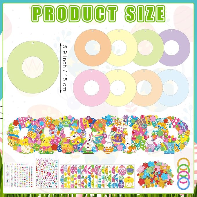 Hollowfly 48 Sets Easter Wreath Craft Kits DIY Wreath Hanging Ornaments Make Your Own Paper Craft with Stickers for Home Party Activities