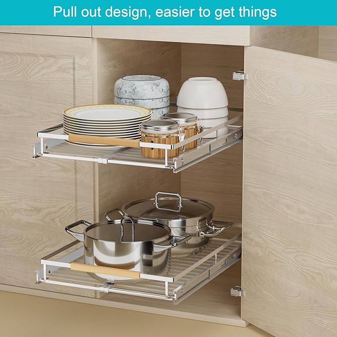 iPEGTOP 2 Pack Pull Out Cabinet Drawer Shelf Organizer, Extendable Sliding Slide Out Pantry Shelves Storage Heavy Duty for Kitchen Cabinets Under Sink, Adjustable Width 12.1~18.4" W x 22.4" D