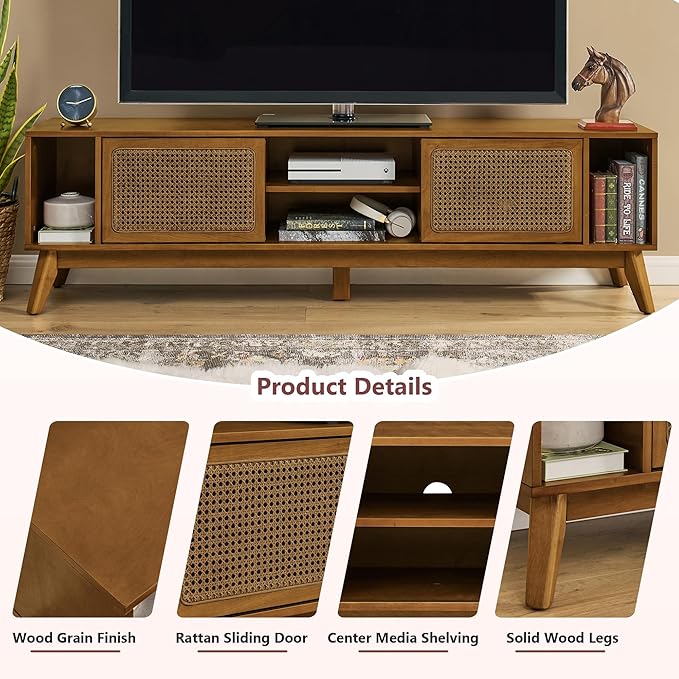 Amposei Mid Century Modern TV Stand Entertainment Center for 65/70/75 inch TVs, Sliding Rattan Door Wooden Console Storage Cabinet with Wood Legs for Living Room, Light Walnut