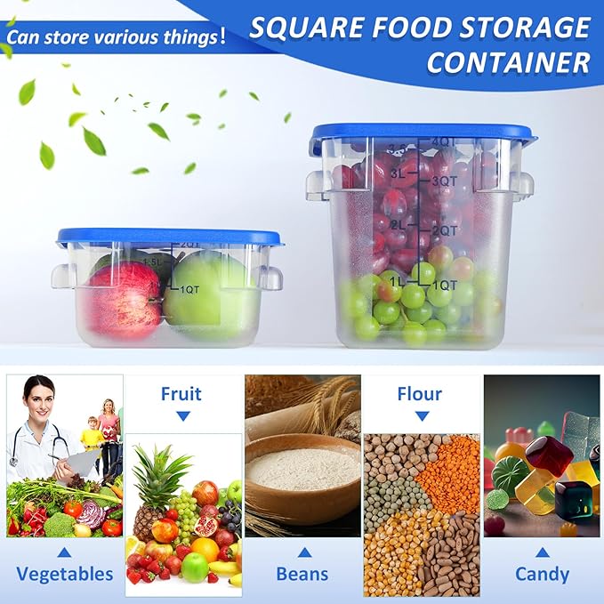 Yungyan 16 Pcs Restaurant Food Storage Containers with Lids Set 2Qt and 4Qt Commercial Restaurant Square Storage Containers Clear Food Cereal Container for Kitchen Freezer (Blue Lids)