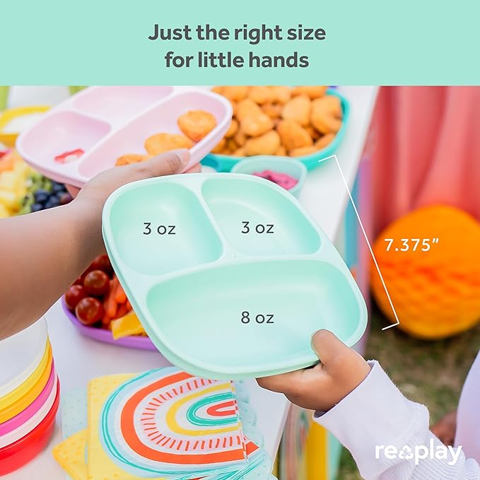 Re-Play Toddler Plates with Dividers - Deep-Walled 3 Compartments Divided Plates for Kids - Dishwasher & Microwave Safe - Made in USA - Set of 4-7.37" x 7.37" x 1.25" - Christmas