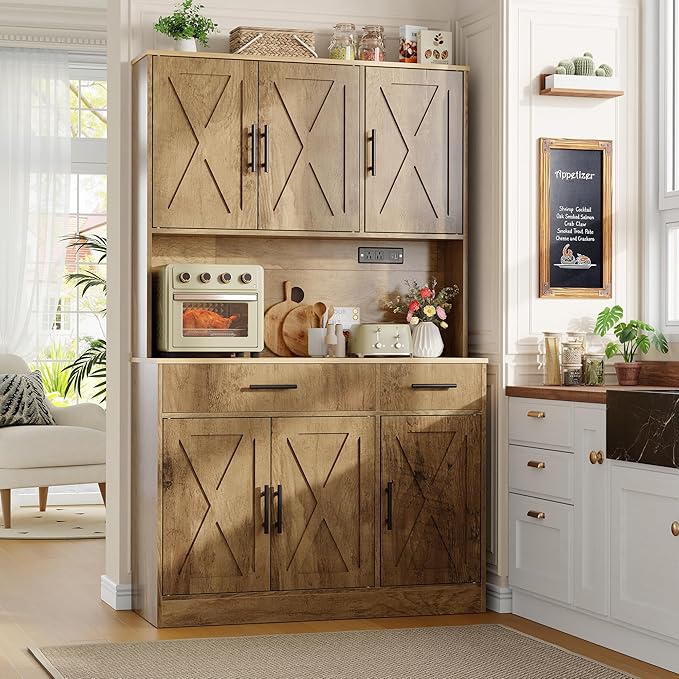 Vongrasig Farmhouse Pantry Cabinet with Charging Station, Tall Kitchen Pantry with Microwave Stand, Storage Drawers & Shelves, Large Kitchen Hutch for Living Room, Dining Room, Rustic Brown