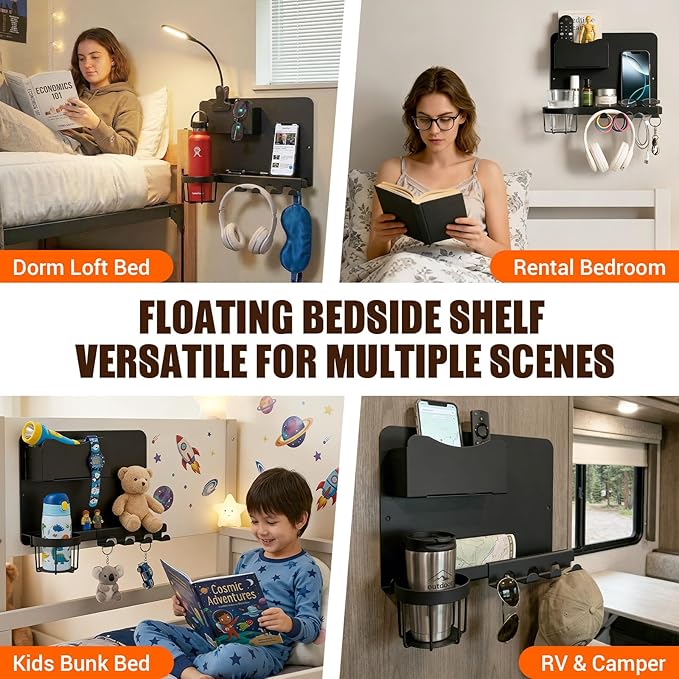 Floating Bedside Shelf & Bedside Wall Organizer, Metal with Detachable Cup Holder, No-Drill Wall Mounted Storage for Bedroom, Dorm, Teen Girls Room, Loft Bed, RV, Bunk Bed & Small Space Organization