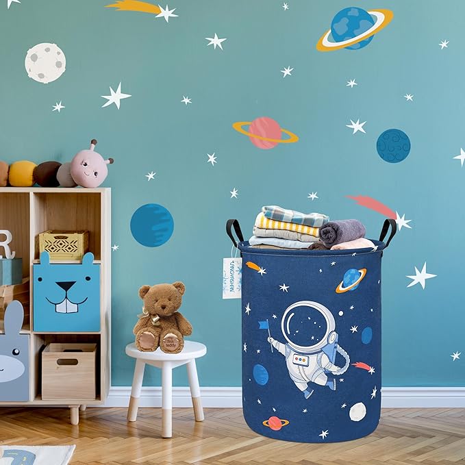 LANGYASHAN Laundry Basket Canvas Fabric Collapsible Organizer Basket for Storage Bin Toy Bins Gift Baskets Bedroom Clothes Children Nursery Hamper (Blue Space Astronaut)