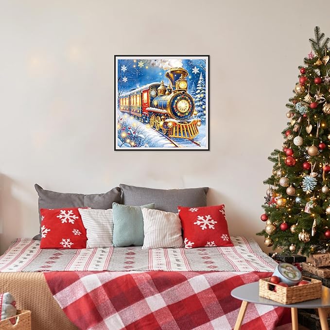 SENQAO Train Diamond Art Kits for Adult, Christmas Diamond Painting Kits for Beginners, DIY Full Drill Winter Holdiay Rhinestone Diamond Dots Gem Painting Art Craft Home Decor 12 x12 Inch